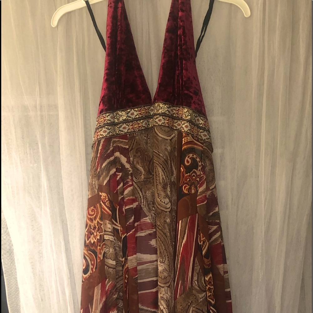 🌞 Miss Me Vintage velvet maroon halter sheer tunic open/lace-up back women S - Picture 15 of 16